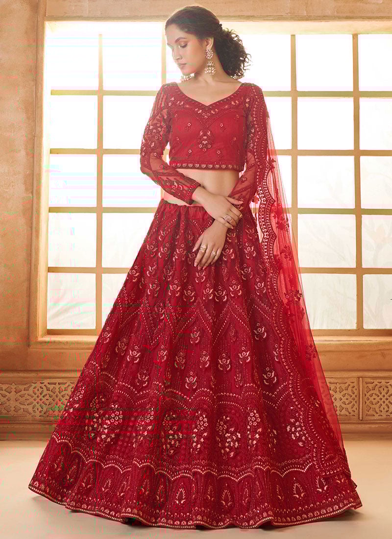 Breathtaking Red Net Embroidered Stone Work Lehenga Wedding Wear