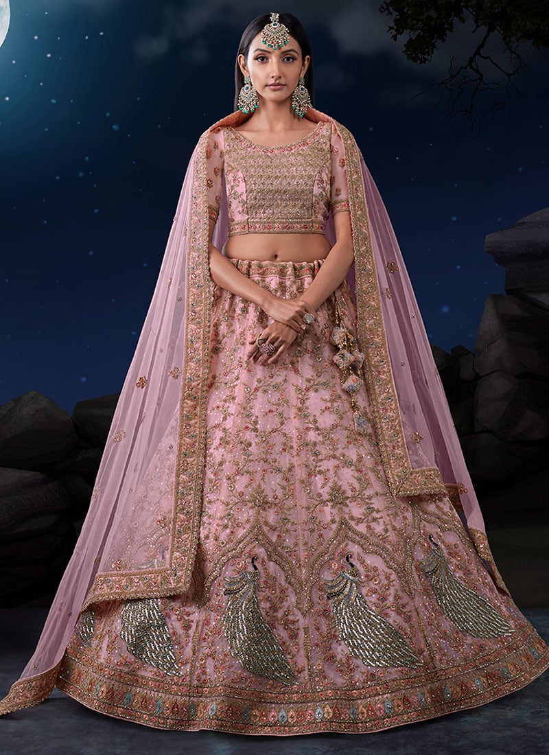 Breathtaking Sequins Zarkan Thread Work Net Umbrella Lehenga  Wedding Wear