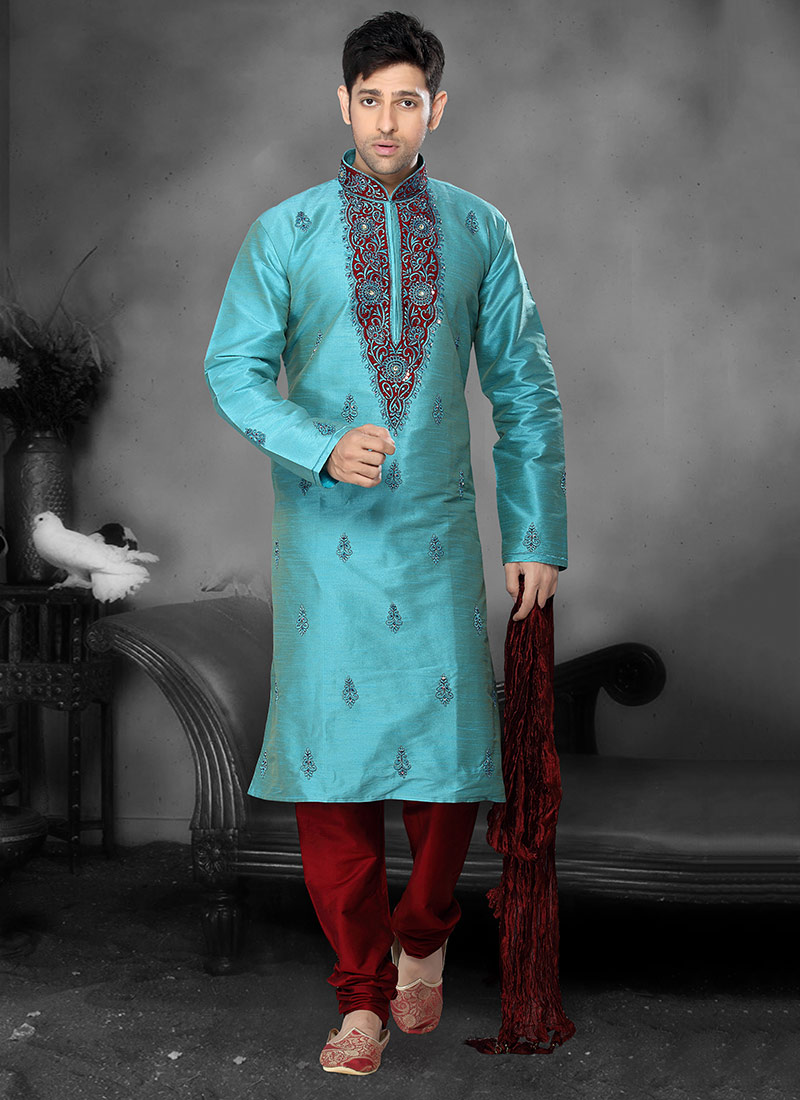 Breathtaking Turquoise Silk Kurta Pyjama