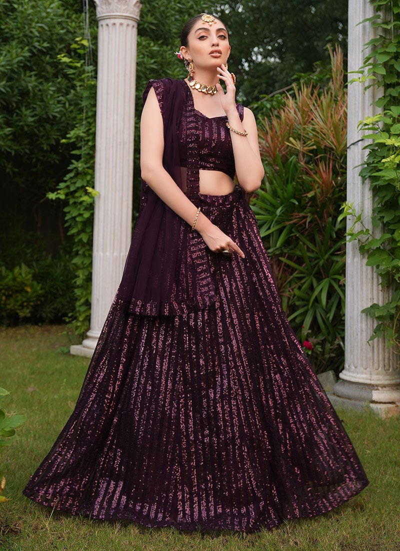 Breathtaking Wine Net Sequins Lehenga Wedding Wear