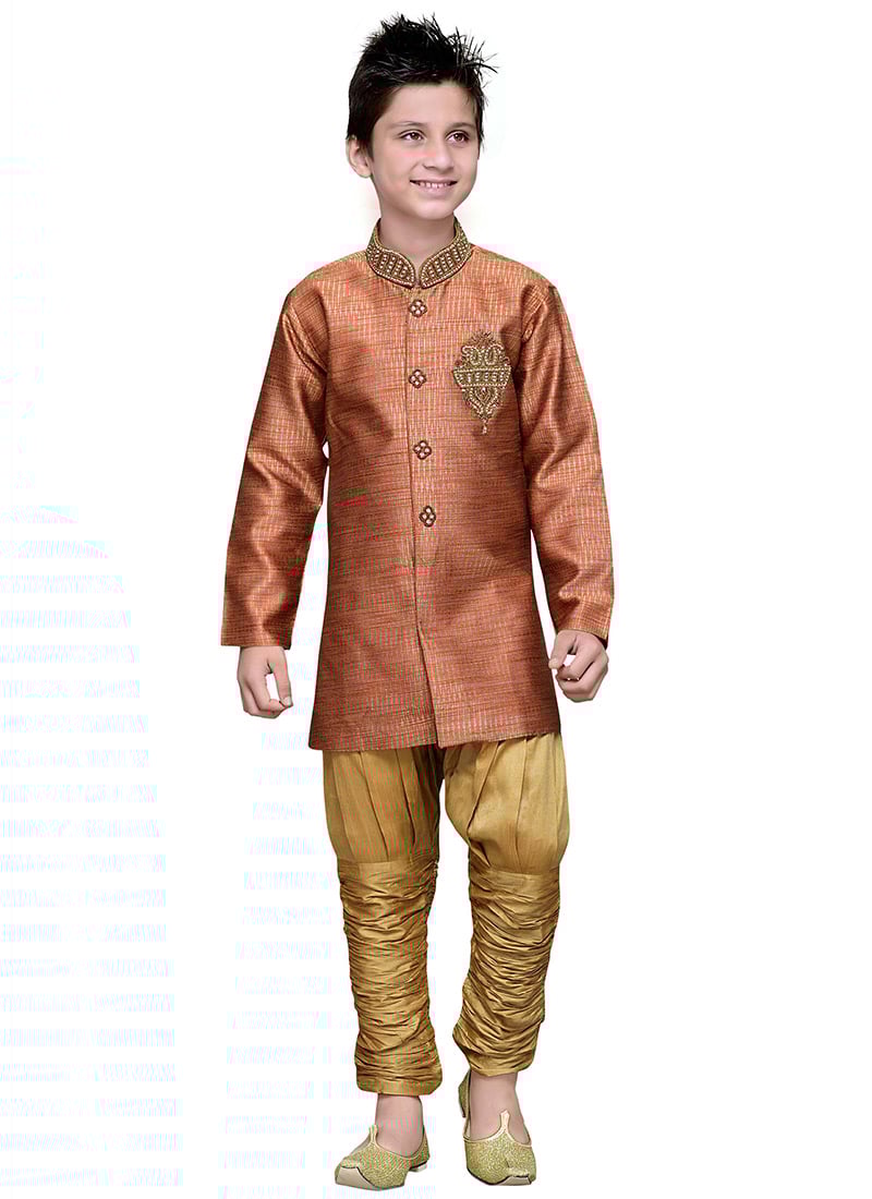 Breeches Style Rust Art Silk Boys Sherwani Wedding Wear