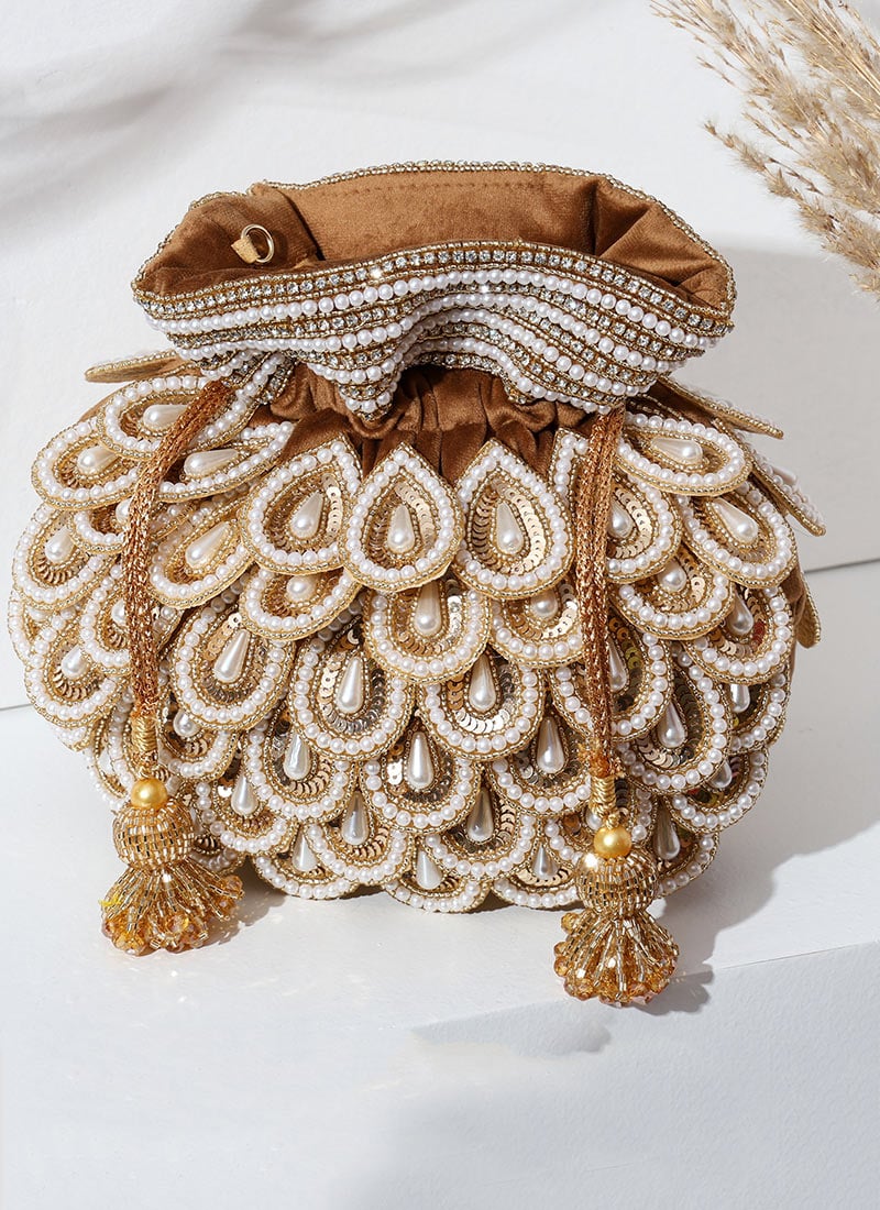 Bridal Collection Beige Moti And Stone Sequins Cut Dana Work Silk Potli Party Wear