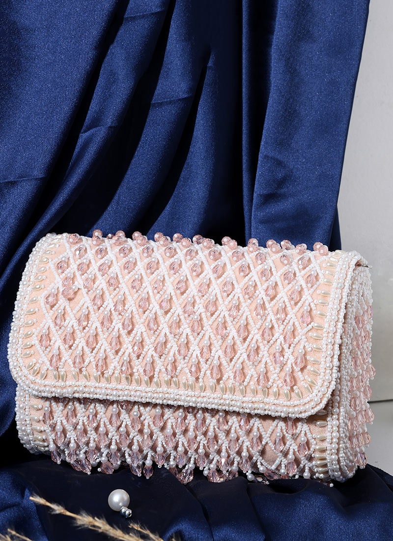 Bridal Collection White Crystal Moti And Beads Cut Dana Work Silk Clutch Party Wear