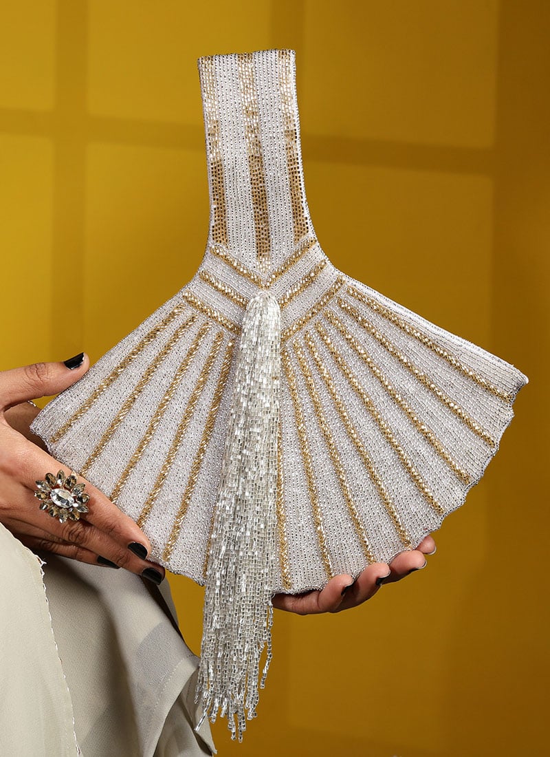 Bridal Collection White Sequins Cut Dana Work Velvet Clutch Party Wear
