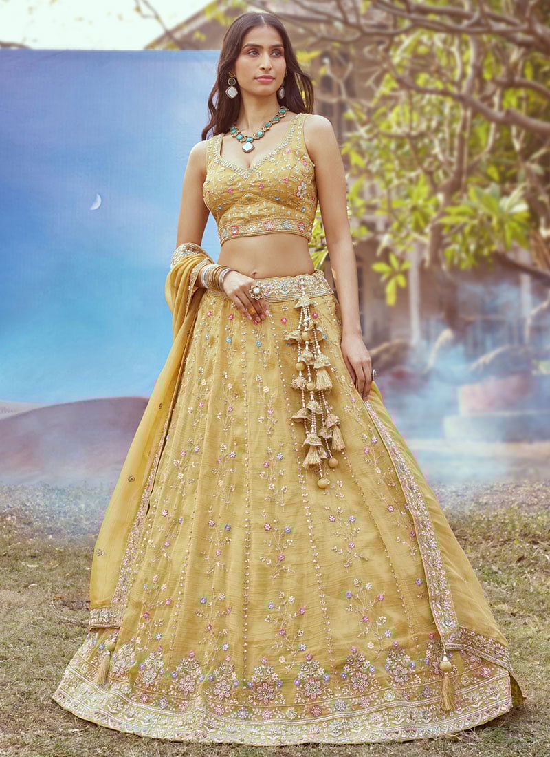 Bridal Mustard Tissue Cut Dana Hand Work Zari And Moti Embroidered Lehenga Wedding Wear