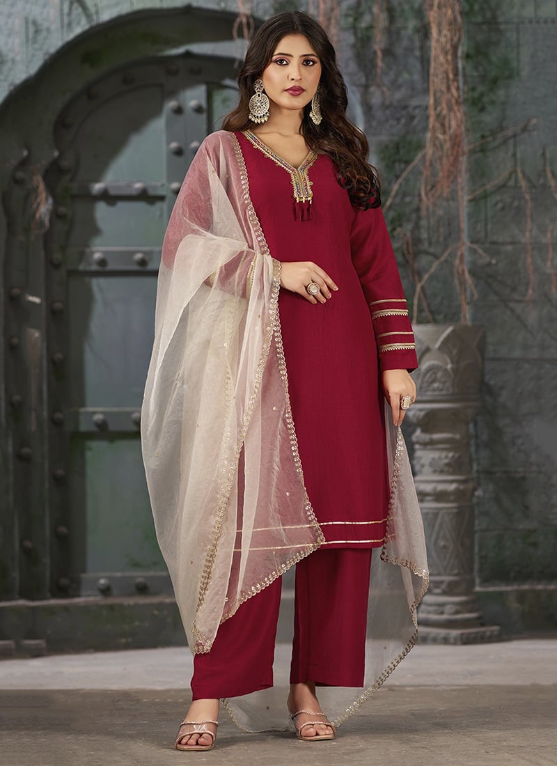 Bright And Beautiful Maroon Silk Embroidered Lace Straight Pant Suit Festive Wear