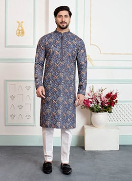 Bright Blue Silk Printed Kurta Pyjama