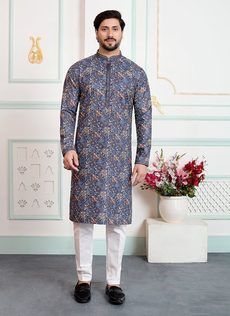Bright Blue Silk Printed Kurta Pyjama Festive Wear