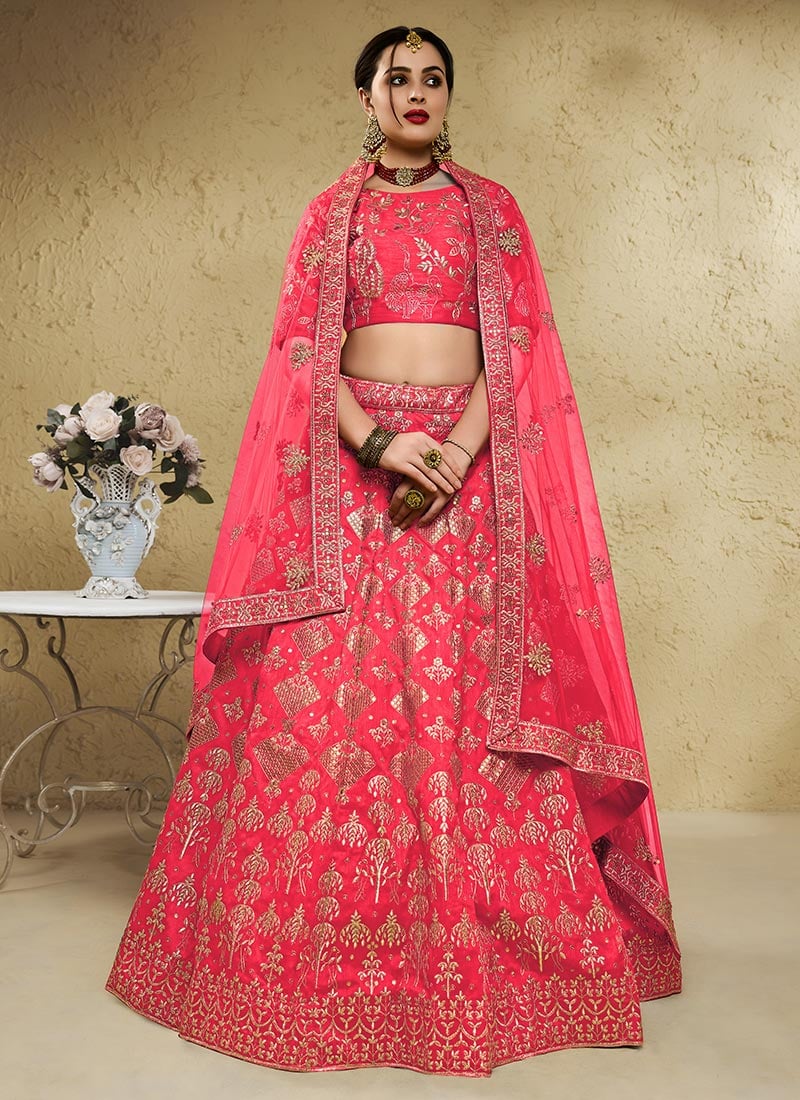 Bright Coral Peach Silk Zari Sequins Embroidered Lehenga Wedding Wear