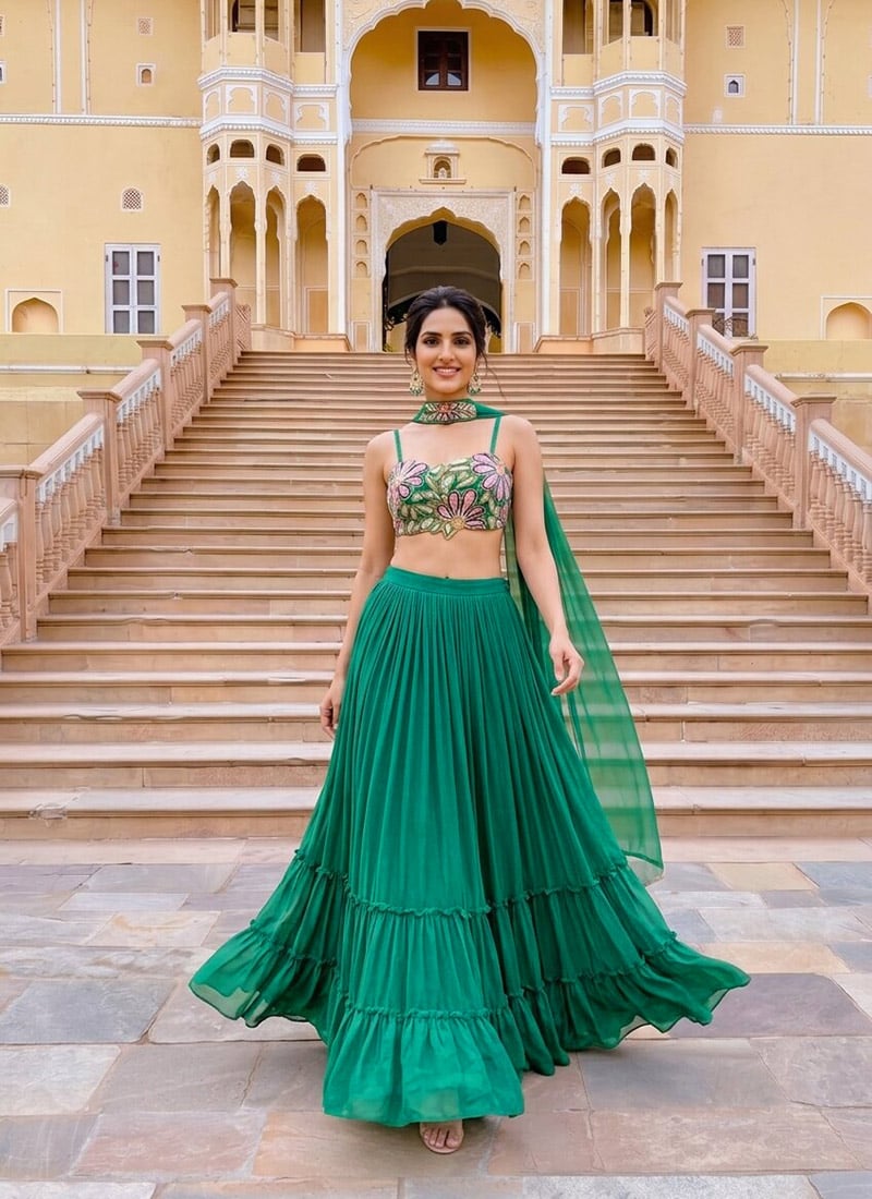 Bright Emerald Green Georgette Floral Embroidered Tiered Lehenga Festive Wear