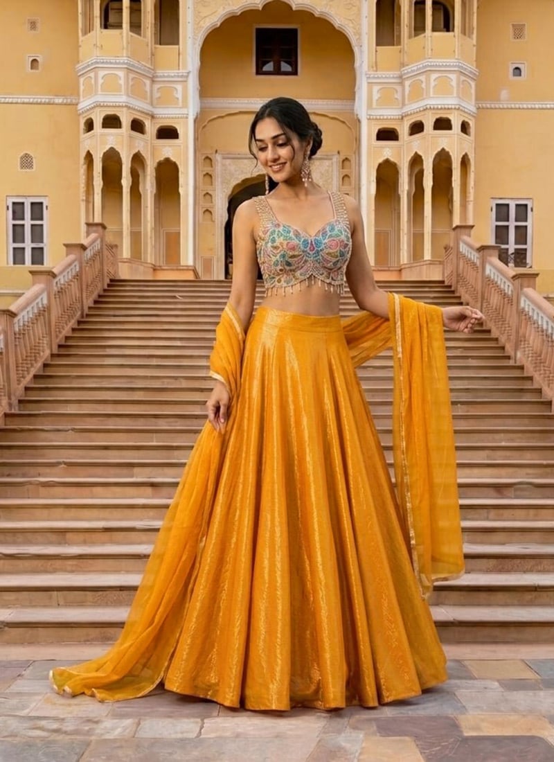 Bright Golden Yellow Fandy Silk Beads Sequins Hand Embroidered Lehenga Festive Wear