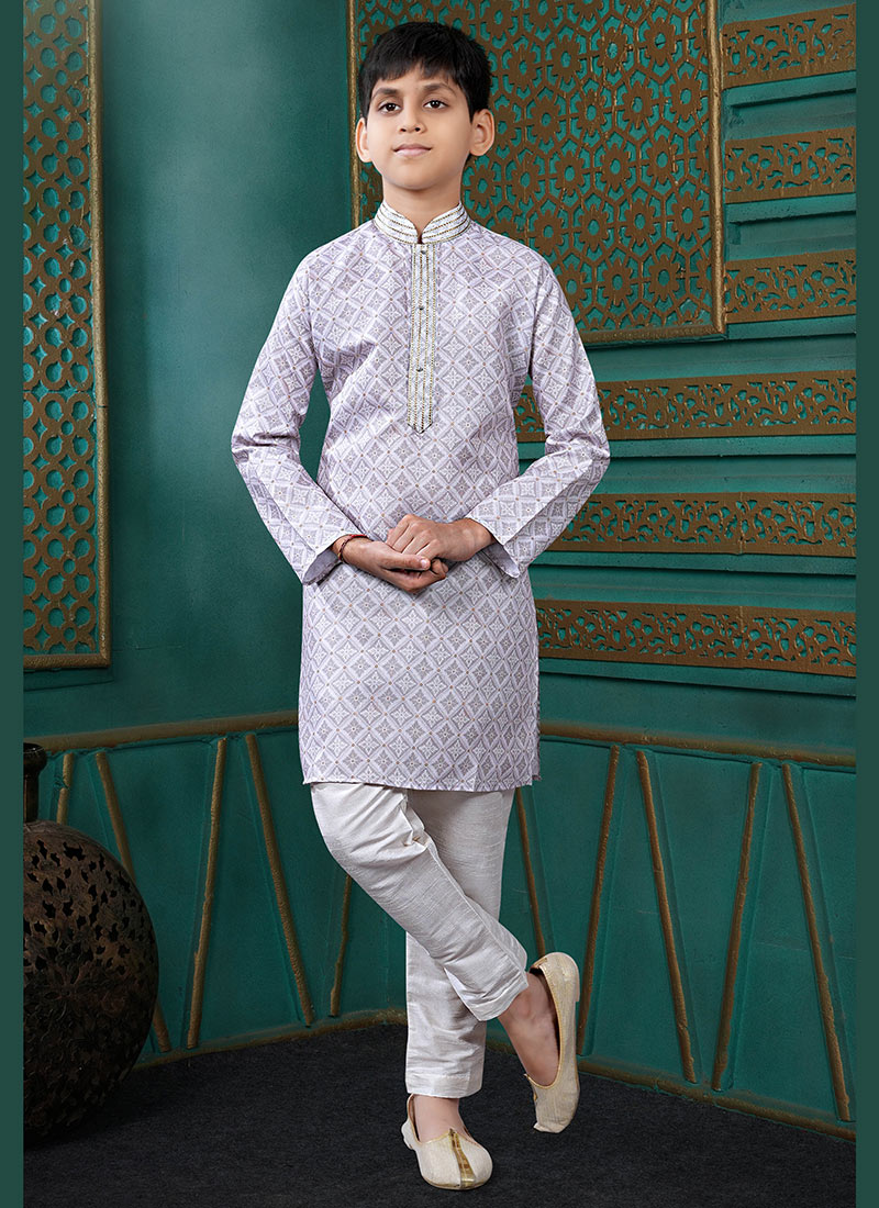 Bright Light Lavender Cotton Printed Kids Boys Kurta Pyjama Festive Wear