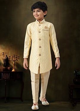 Bright Light Yellow Soft Silk Zari Embroidered Kids Boys Indowestern Sherwani