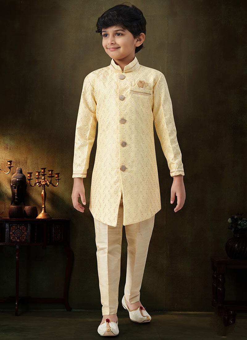 Bright Light Yellow Soft Silk Zari Embroidered Kids Boys Indowestern Sherwani Wedding Wear