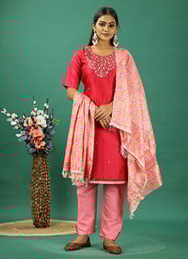 Bright Magenta Cotton Embroidered Straight Pant Suit For Casual Chic