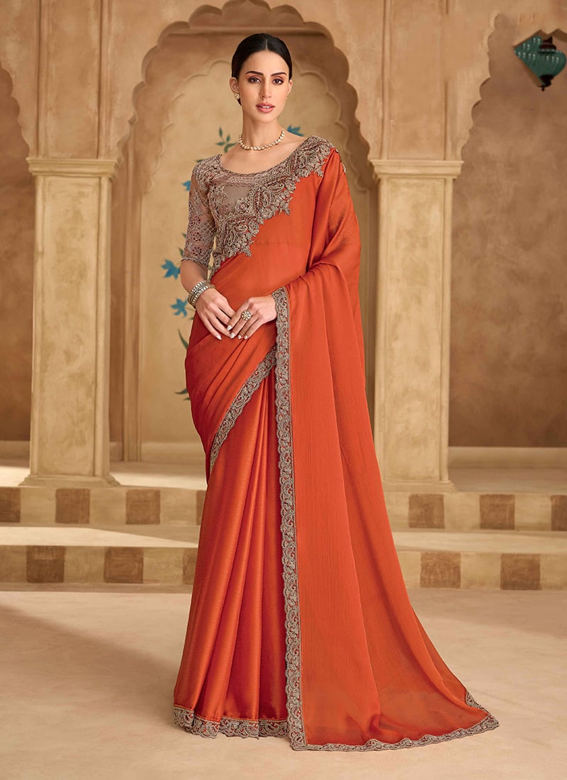 Bright Orange Chiffon Embroidered Sequins Zari Saree Wedding Wear