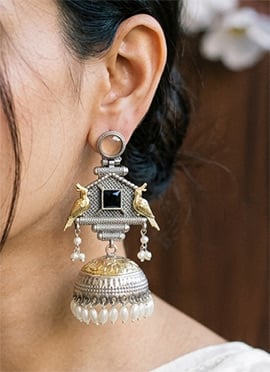 Bright Orange Kundan Beads Oxidised Jhumka