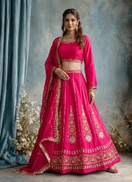 Bright Pink Chinon Sequins Embroidered Lehenga