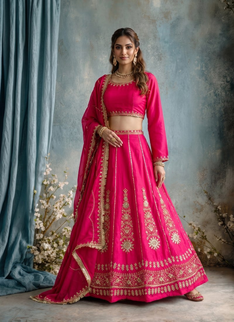 Bright Pink Chinon Sequins Embroidered Lehenga After Six Wear