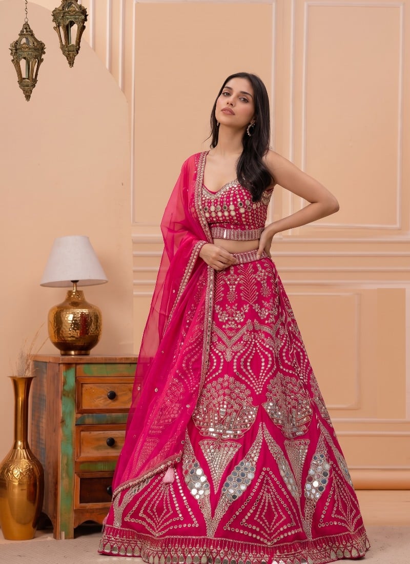 Bright Pink Malai Satin Foil Sequins Embroidered Lehenga After Six Wear