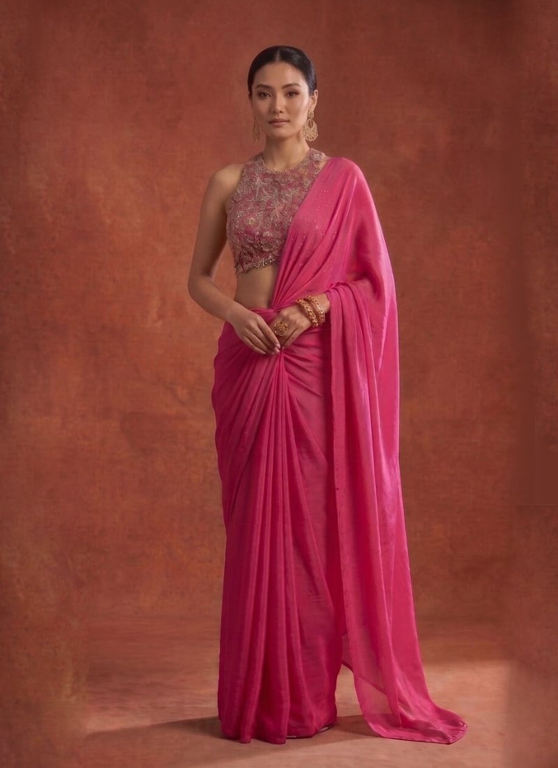 Bright Pink Pre Draped Saree Sequins Cutdana Hand Embroidered Organza Saree Wedding Wear