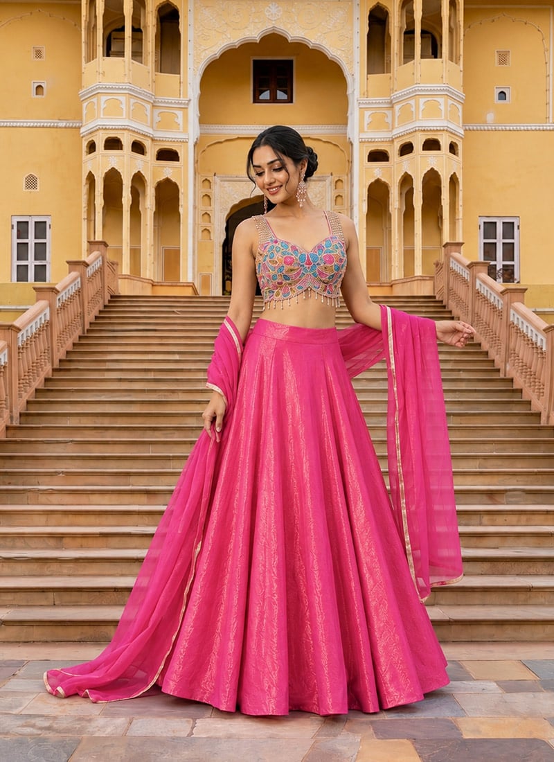 Bright Rani Pink Fandy Silk Beads Sequins Hand Embroidered Lehenga Festive Wear