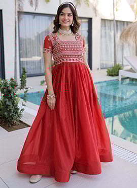 Bright Red Soft Organza Zari Sequins Gown