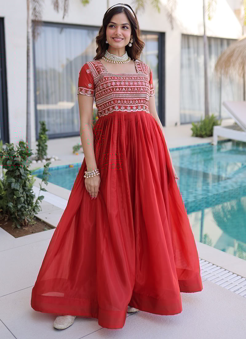 Bright Red Soft Organza Zari Sequins Gown After Six Wear
