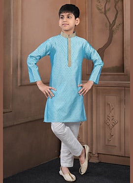 Bright Sky Blue Jacquard Silk Kids Boys Kurta Pyjama