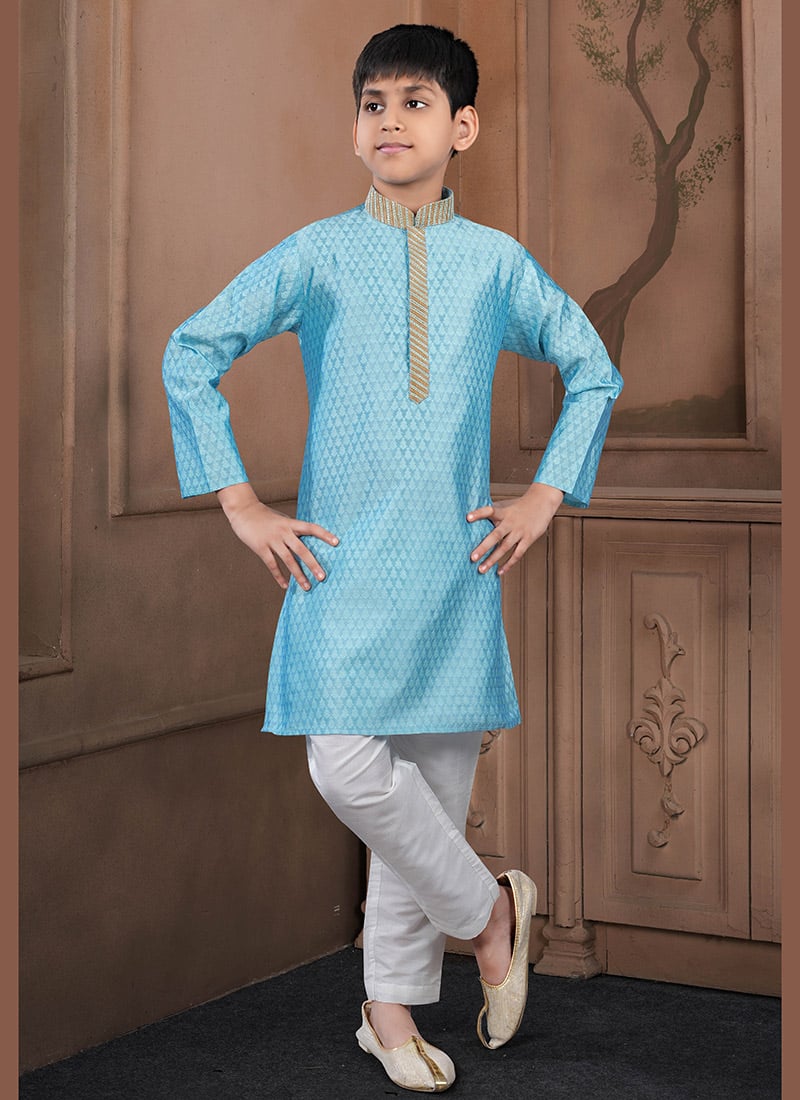 Bright Sky Blue Jacquard Silk Kids Boys Kurta Pyjama Festive Wear