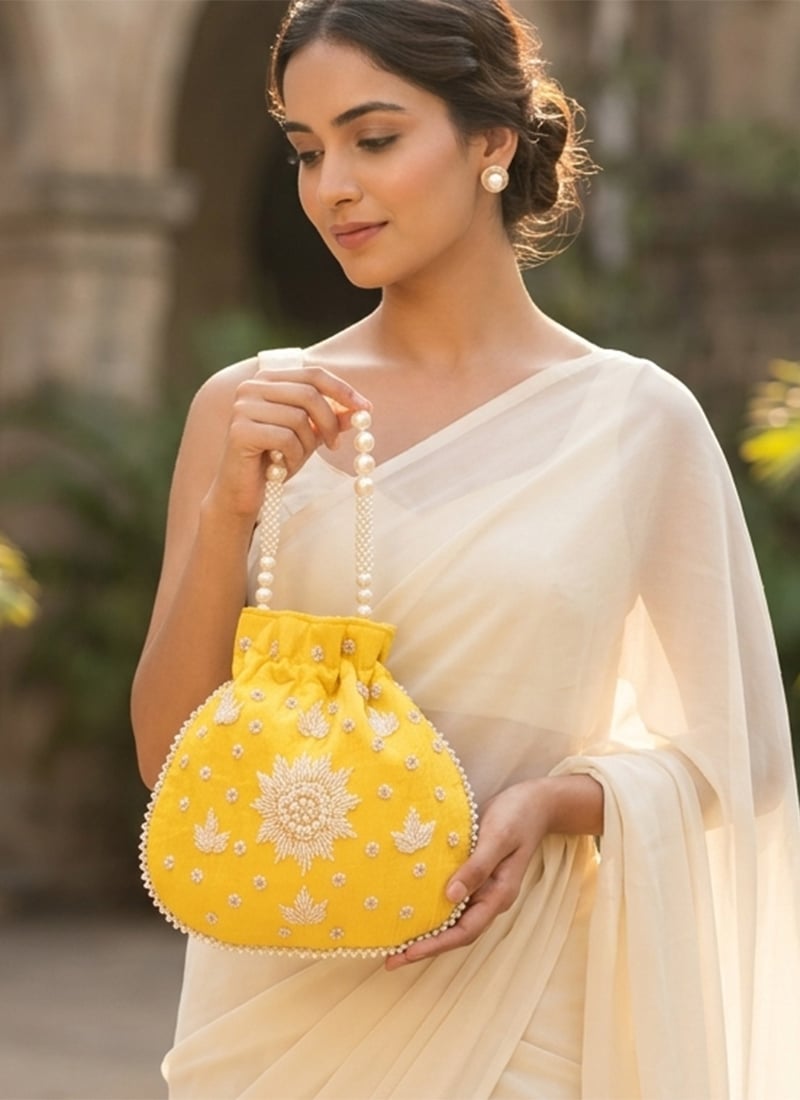 Bright Yellow Silk Beads Moti Potli Bag