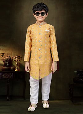 Bright Yellow Banarasi Silk Sequins Embroidered Thread Kids Boys Indowestern Sherwani