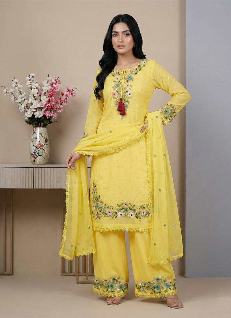 Bright Yellow Faux Georgette Embroidered Sequins Straight Pant Suit Festive Wear