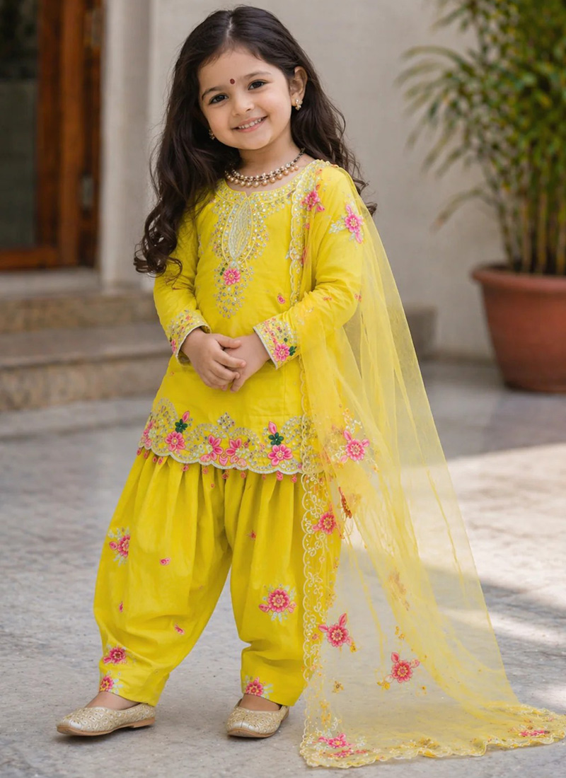 Bright Yellow Heavy Natural Crepe Embroidery Sequence Work Kids Girls Salwar Suit