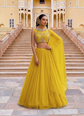 Bright Yellow Net Cutdana Hand Embroidered Sequins Illusion Neck Lehenga