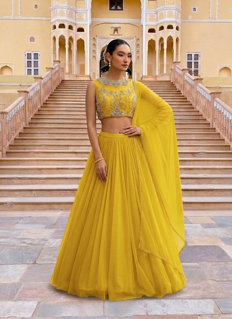Bright Yellow Net Cutdana Hand Embroidered Sequins Illusion Neck Lehenga Festive Wear