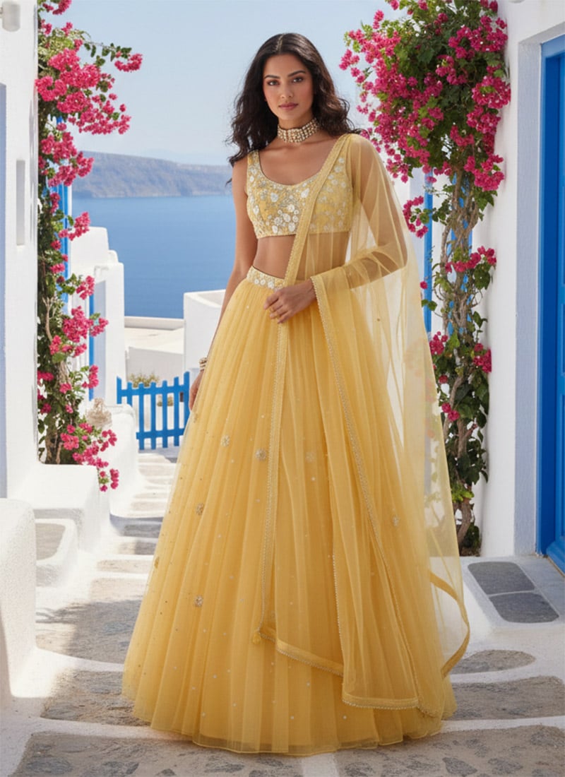 Bright Yellow Net Zari Sequins Hand Embroidered Stones Umbrella Lehenga Wedding Wear