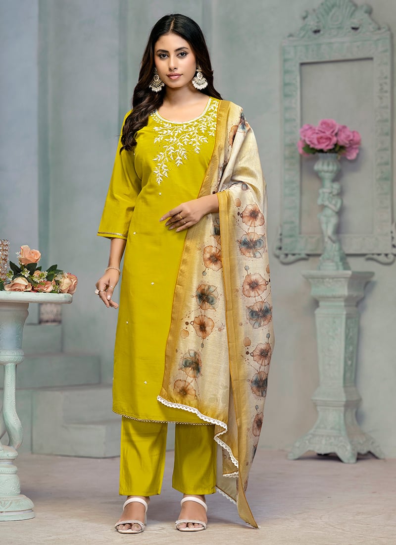 Bright Yellow Rayon Hand Embroidered Straight Pant Suit With Printed Dupatta