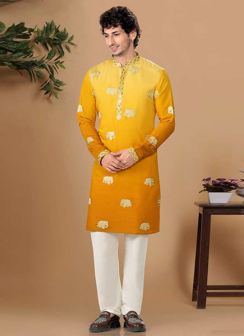 Bright Yellow Silk Embroidered Kurta Pyjama Festive Wear