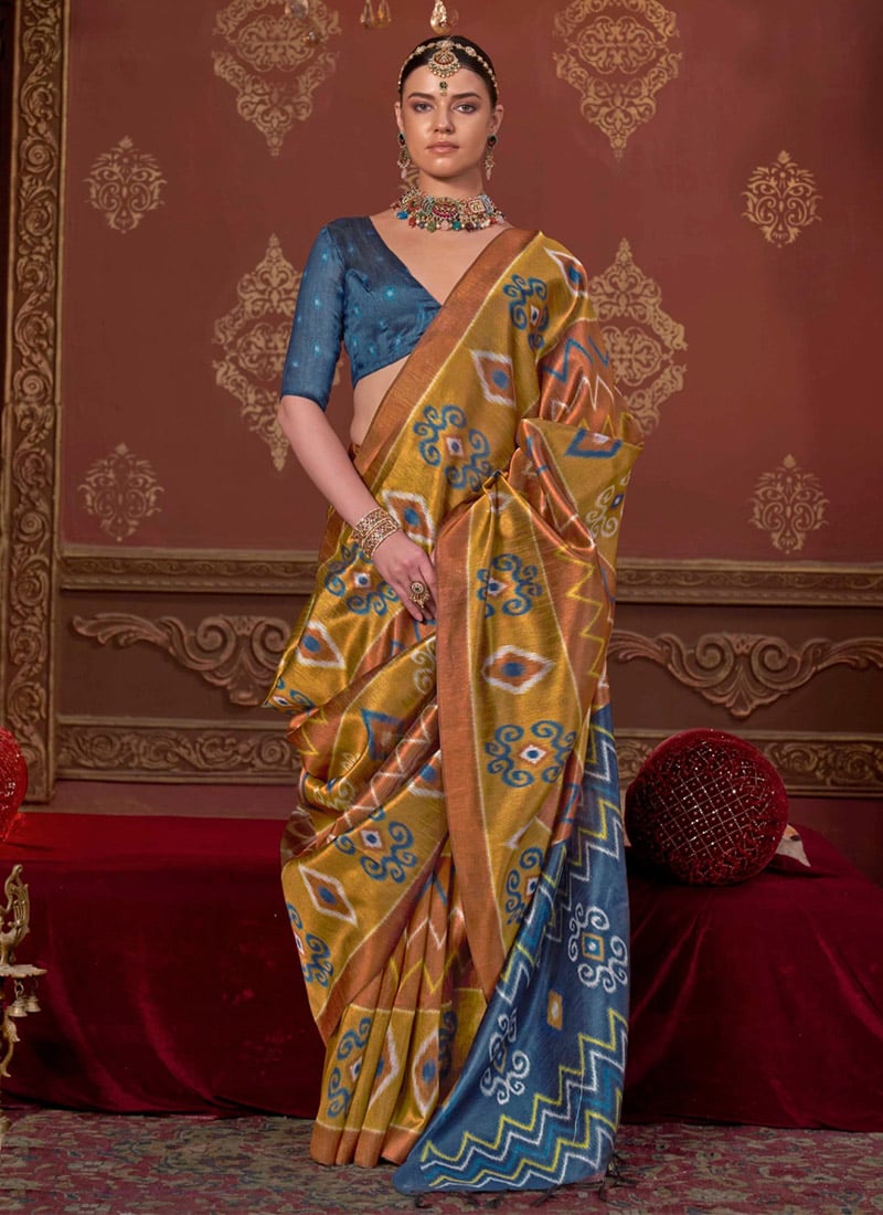 Bright Yellow Silk Ikkat Print Saree Festive Wear