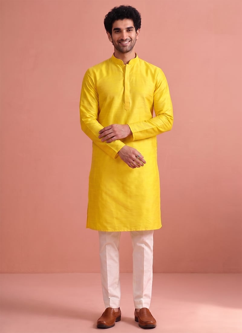Bright Yellow Silk Kurta Pyjama Festive Wear