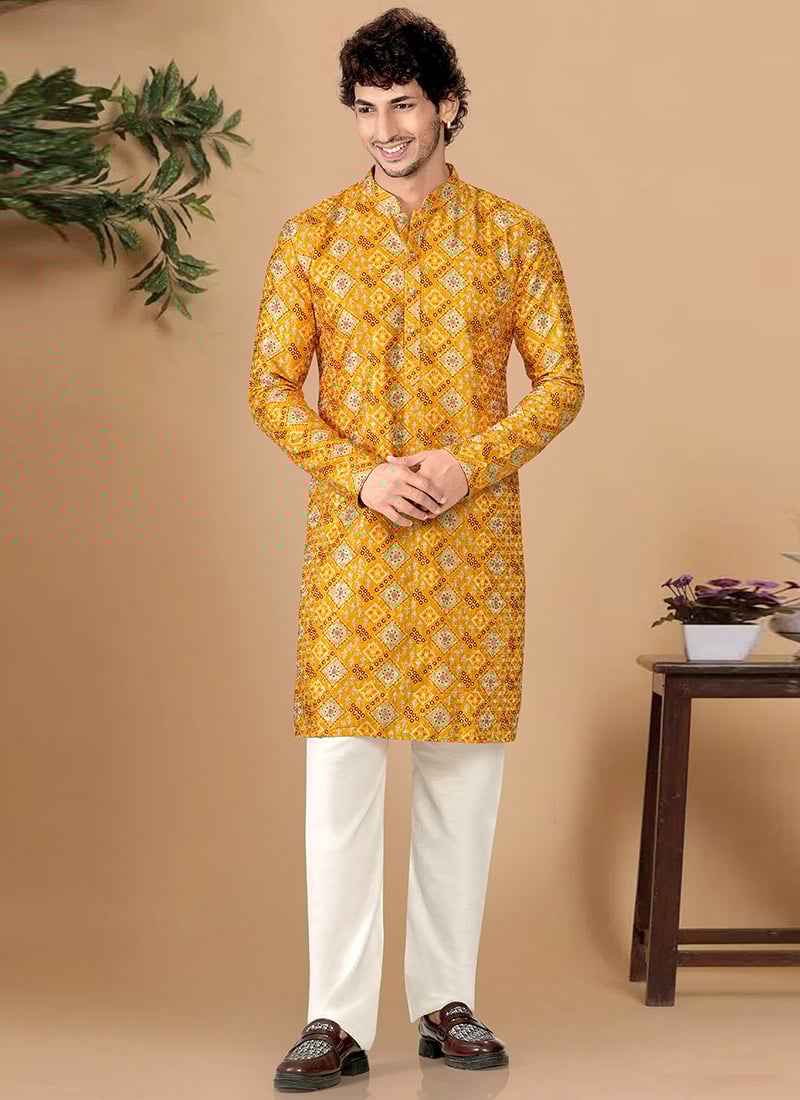 Bright Yellow Soft Cotton Sequins Embroidered Printed Kurta Pyjama Festive Wear