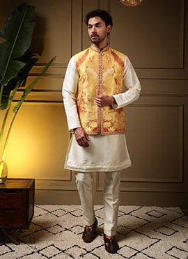 Bright Yellow Viscose Silk Embroidered Digital Print Bandi Set