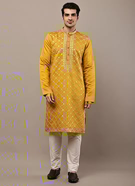 Bright Yellow Viscose Silk Embroidered Sequins Kurta Pyjama
