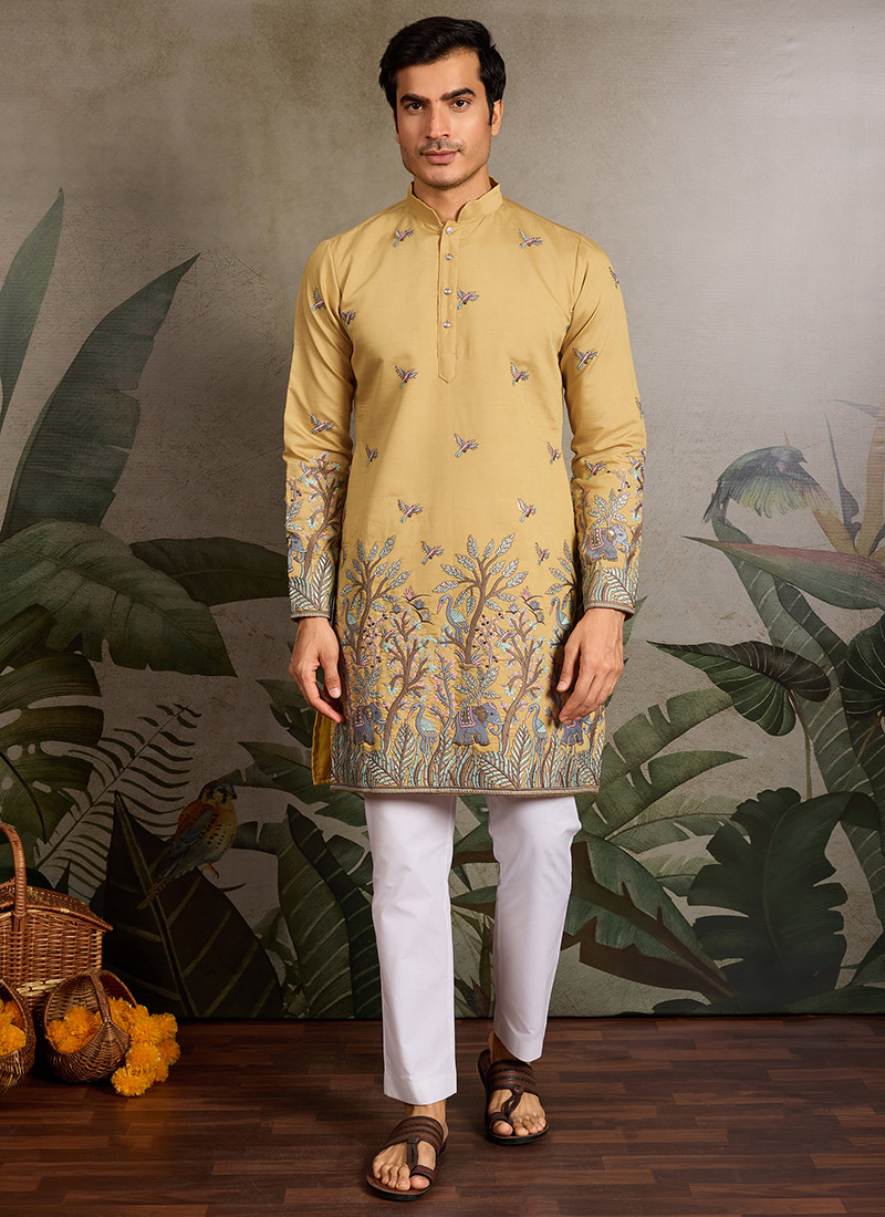 Bright Yellow Viscose Silk Embroidered Sequins Thread Kurta