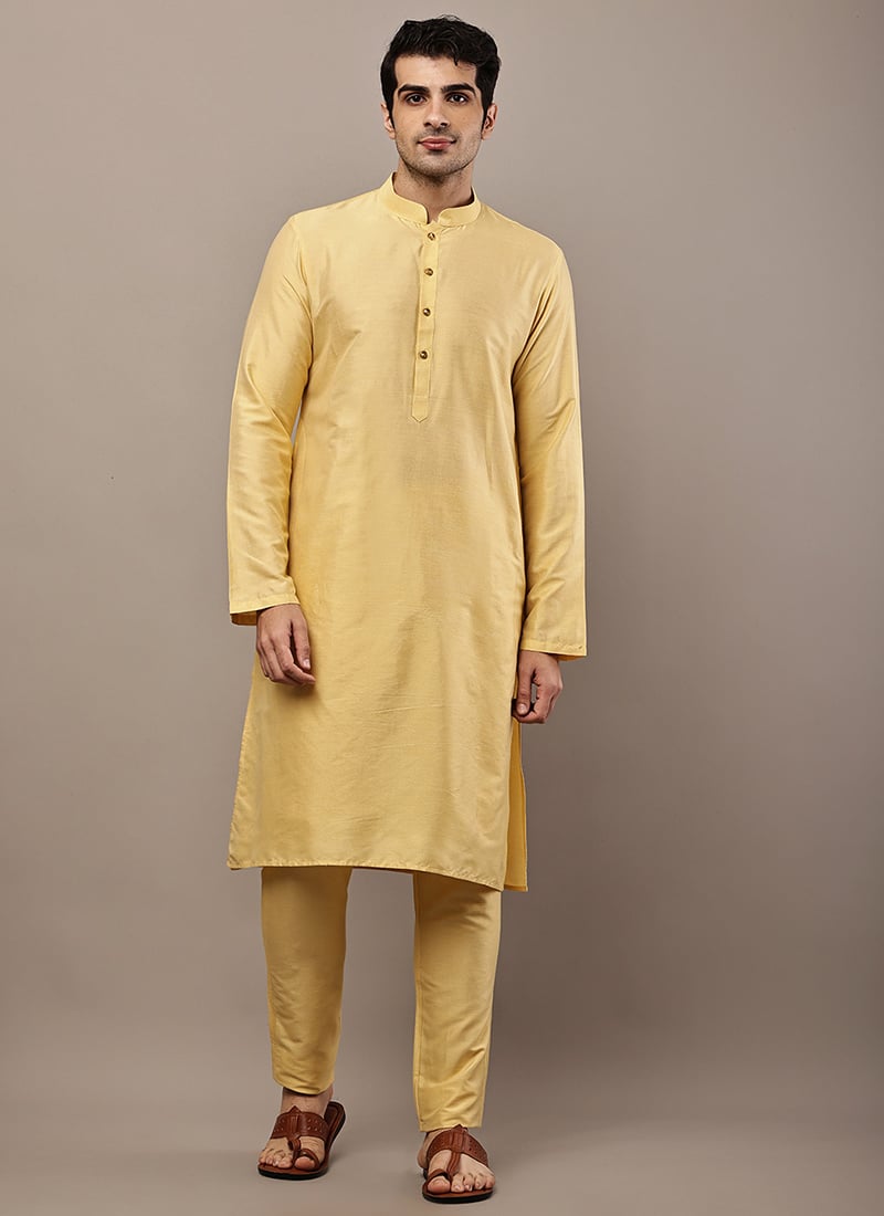 Bright Yellow Viscose Silk Kurta Pyjama Festive Wear