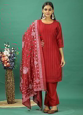 Brighten Up Your Wardrobe In Maroon Cotton Embroidered Straight Pant Suit