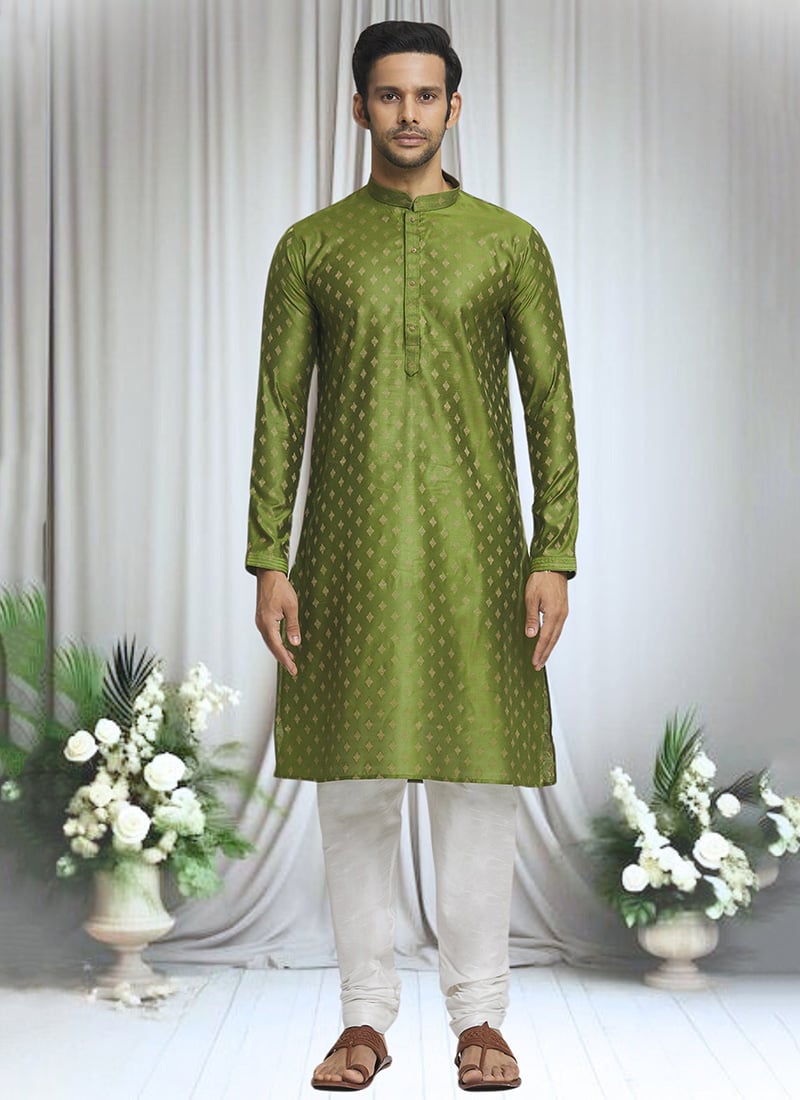 Brocade Jacquard Silk Mehendi Green Kurta Pyjama Party Wear