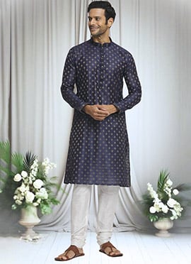 Brocade Jacquard Silk Navy Blue Kurta Pyjama