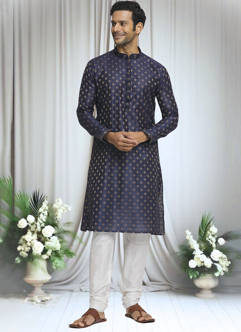 Brocade Jacquard Silk Navy Blue Kurta Pyjama Party Wear